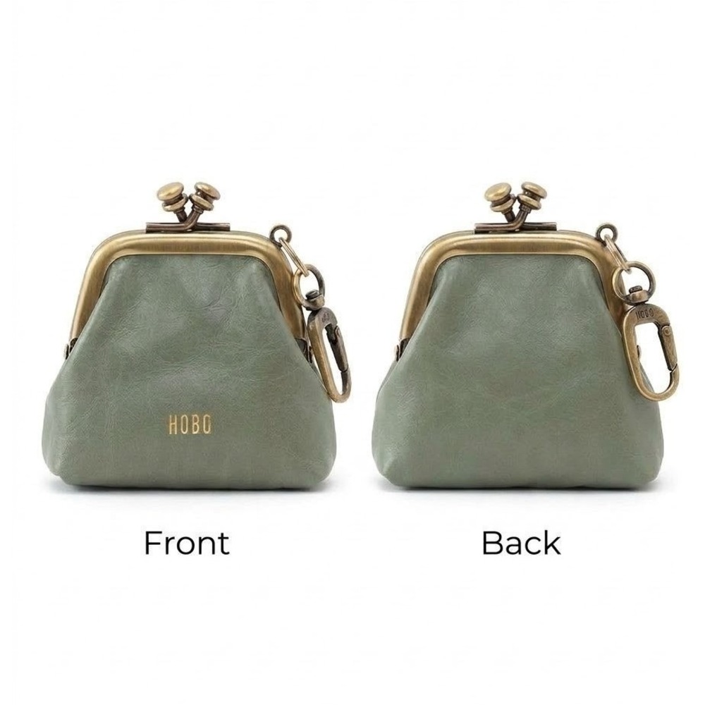 HOBO Run Leather Kisslock Frame Pouch Coin Purse Bag Charm Sage Green Brass